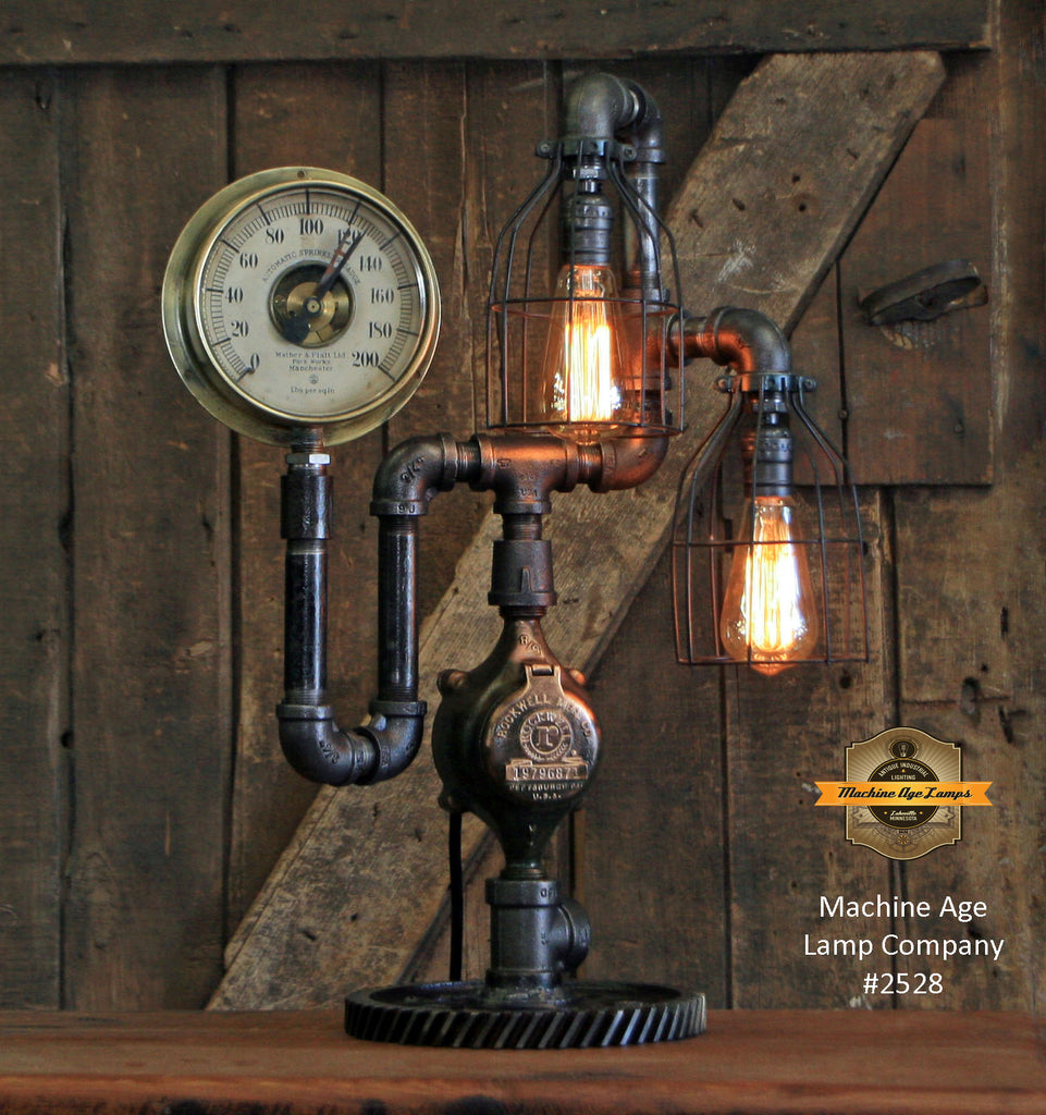 Steampunk Industrial / Antique Steam Gauge / Gear Base / Lamp #2528