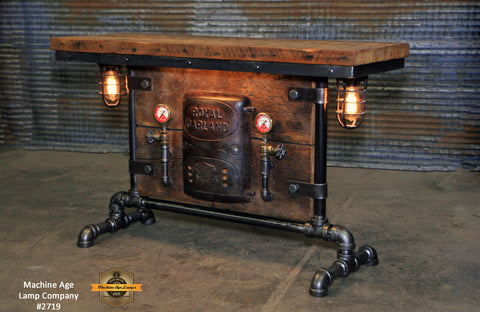 Antique Steampunk Industrial Boiler Door Table Stand, Reclaimed Wood Top - #2719