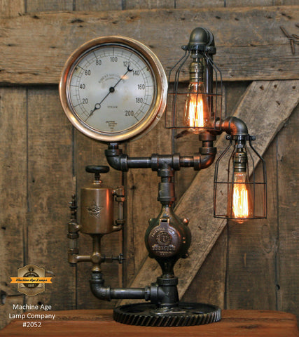 Steampunk Industrial / Antique Chicago Steam Gauge / Gear / Antique Oiler / Lamp #2052