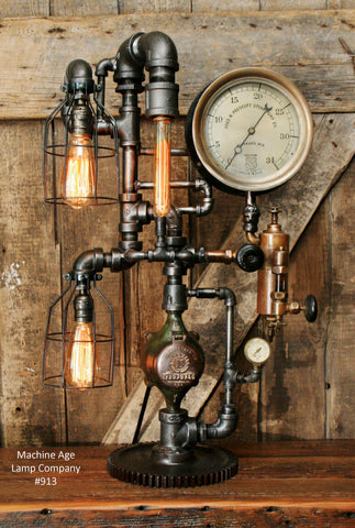 Steampunk Industrial Lamp, Steam Gauge, Oiler and Gear #913