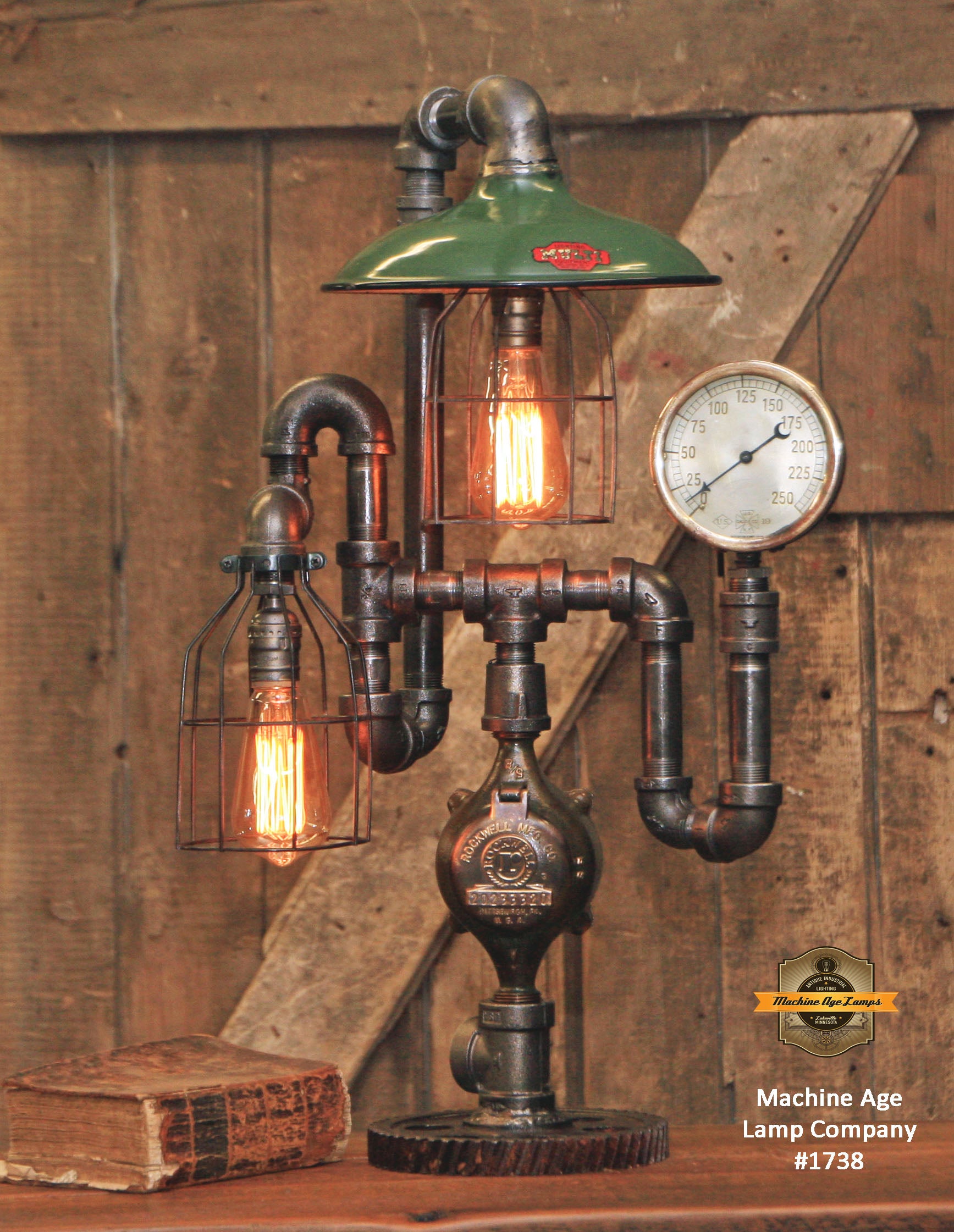 Steampunk Industrial Lamp / Antique Steam Gauge / Antique Service Station Shade / Gear / Lamp #1738