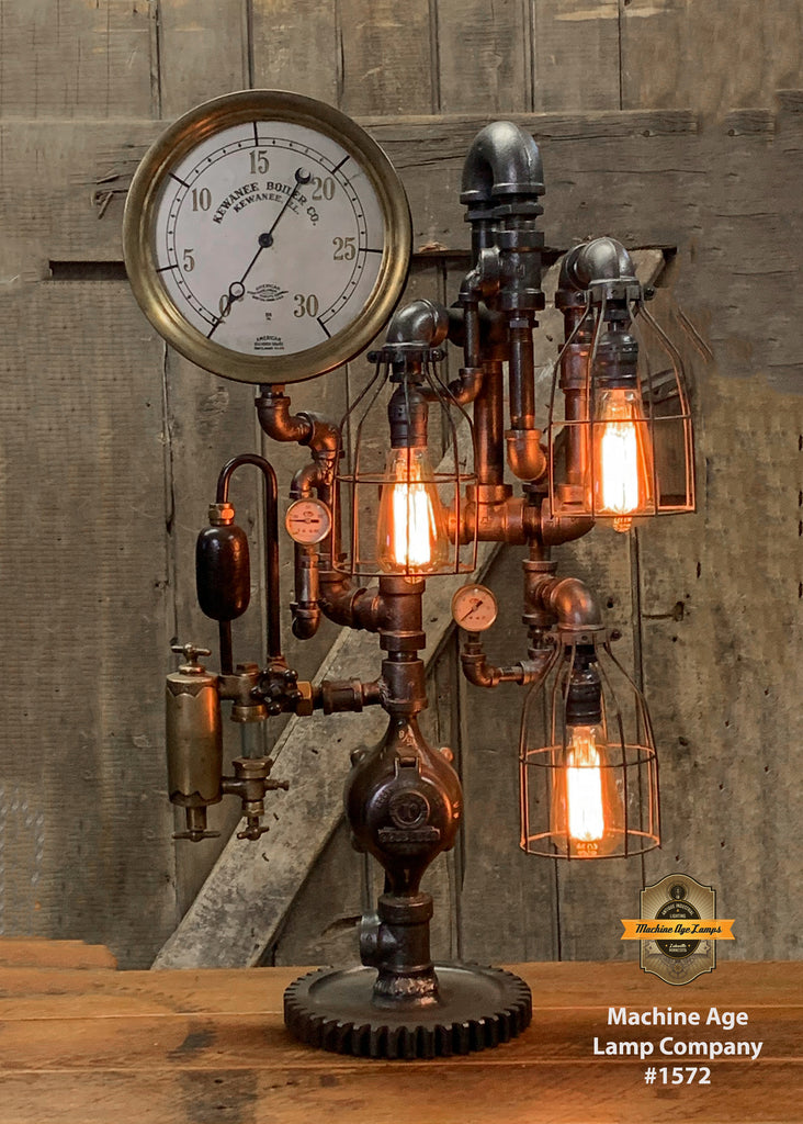 Steampunk Industrial / Antique Steam Gauge and Oiler / Kewanee IL /  Gear / Lamp #1572