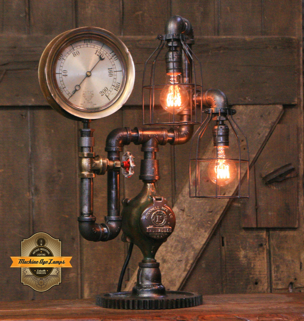 Steampunk Industrial / Antique Steam Gauge Lamp / Tractor Gear / Lamp #4036