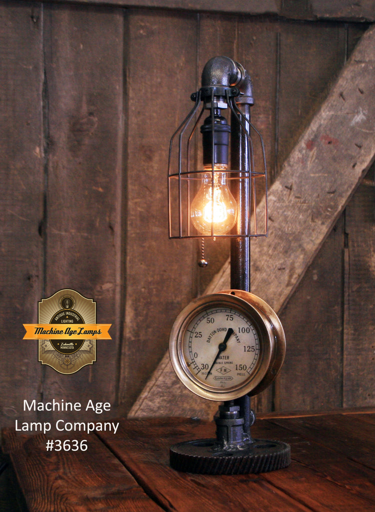 Steampunk Industrial Lamp / Antique Steam Gauge / Railroad / Dayton Dowd / Gear / Lamp #3636