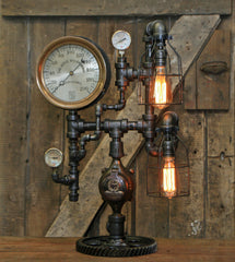 Steampunk Industrial Pipe Lamp / Antique Steam Gauge / Gear / Boston / Lamp #1765