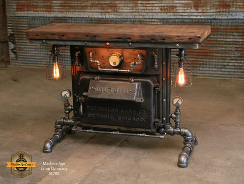 Steampunk Industrial / Boiler Furnace Door Table / Console / BarnWood top / Table #1700 sold