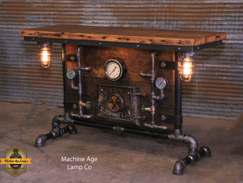 Steampunk Industrial Table / Pub, sofa console / Antique Furnace Door /  Barnwood / Table #3991