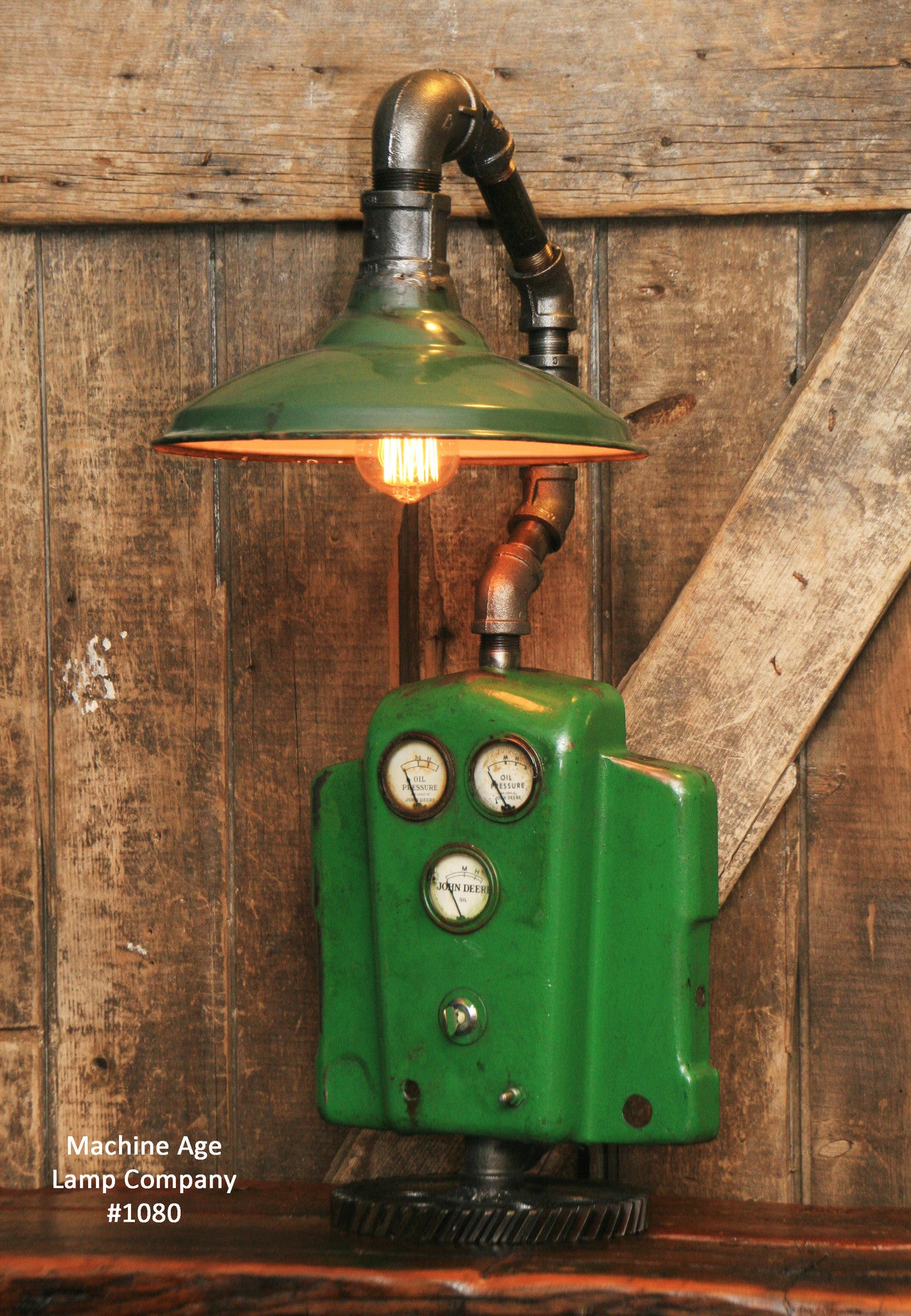 Steampunk Industrial John Deere Lamp, Farm Tractor Barn Green Shade #1080