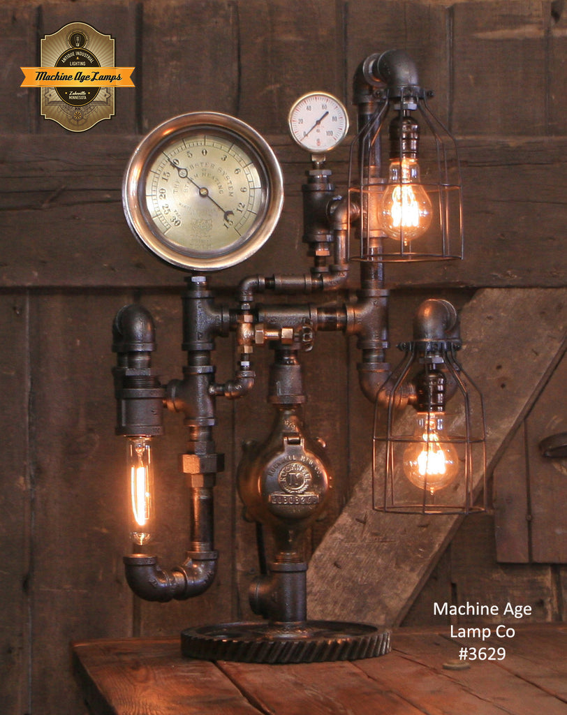Steampunk Industrial / Steam Gauge Lamp  / Webster NJ / Gear  /  Lamp #3629