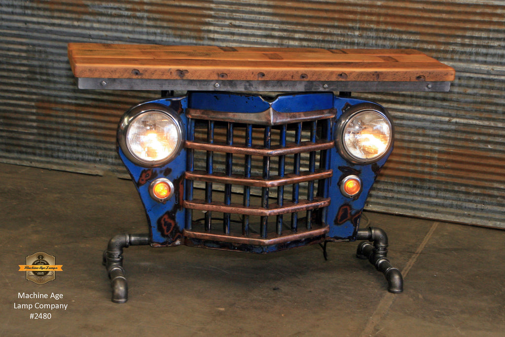 Steampunk Industrial / Original vintage 50's Jeep Willys Grille / Table Sofa Hallway / Blue / Automotive  / Table #2480