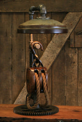 Steampunk Industrial / Antique Wood Block and Tackle Pulley  / Antique Chicken Feeder Shade / Gear / Lamp #2487 sold