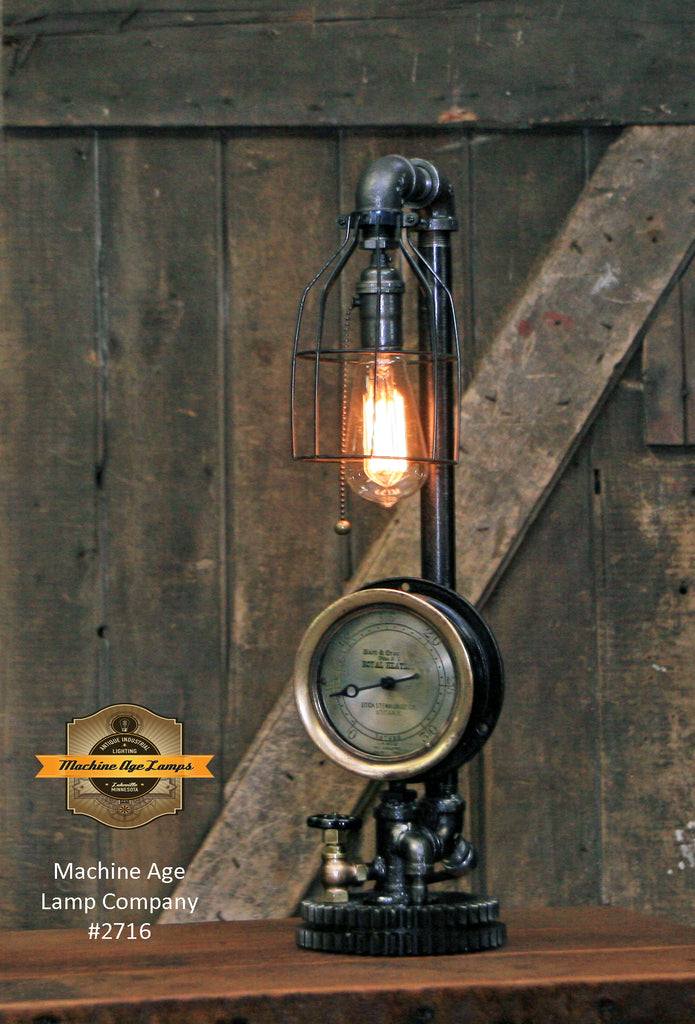 Steampunk Industrial Lamp / Antique Utica NY Steam Gauge / Gear / Lamp #2716