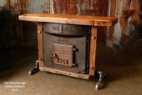 Industrial Antique Furnace Door Lamp Stand Table, Barn Wood Top, #747