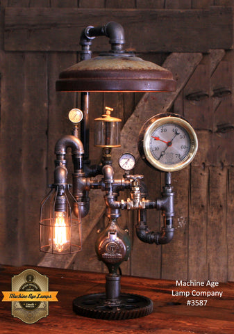 Steampunk Industrial / Antique Chicken Feeder Shade / Steam Gauge / L:amp #3587