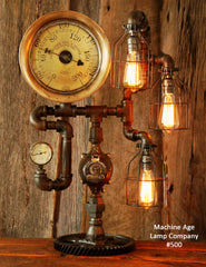 Steampunk Lamp, Antique Steam Gauge and Gear Base #500 - SOLD