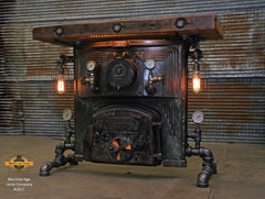 Industrial Steampunk Table / Antique Barnwood / Steam Gauges / Round Oak Boiler Stove / Table 1812