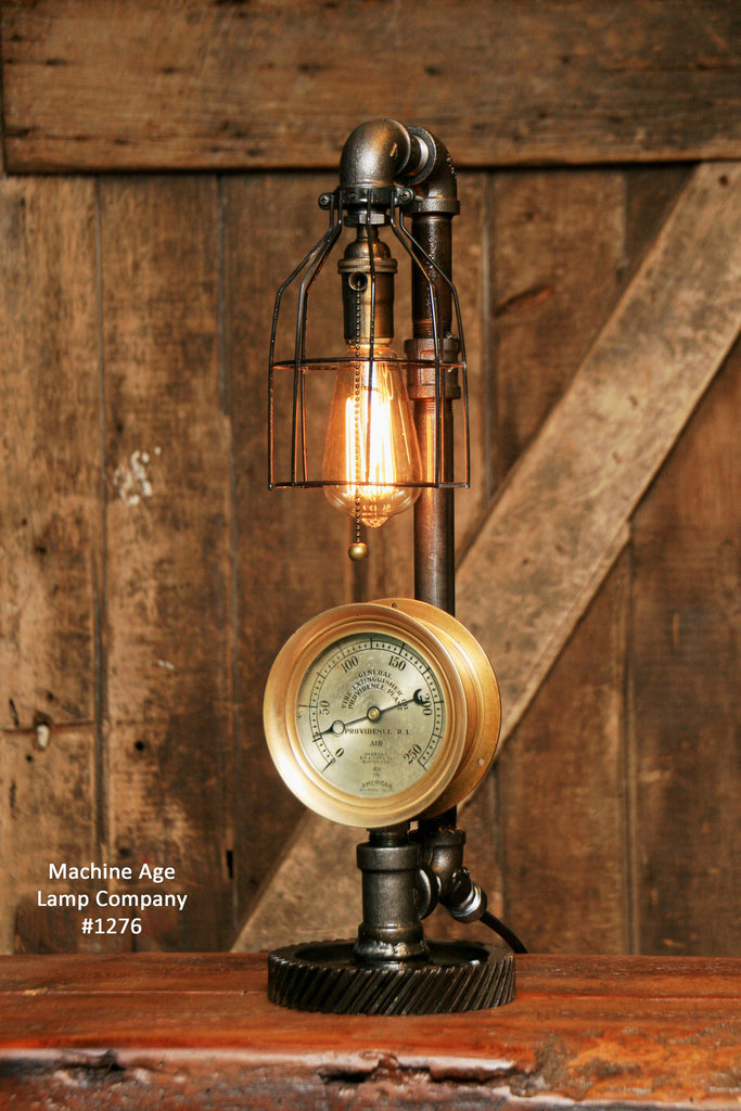 Steampunk Industrial Steam Gauge Lamp, Gear Base #1276