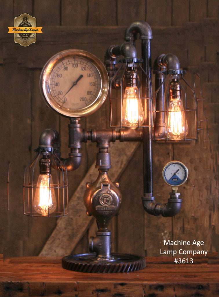 Steampunk Industrial / Antique Steam Gauge Lamp / Tractor Gear   / Lamp #3613