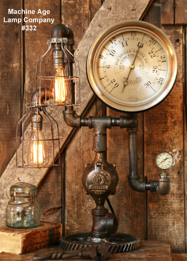 Steampunk Lamp, Antique 9" Steam Gauge and Gear Base #332 - SOLD