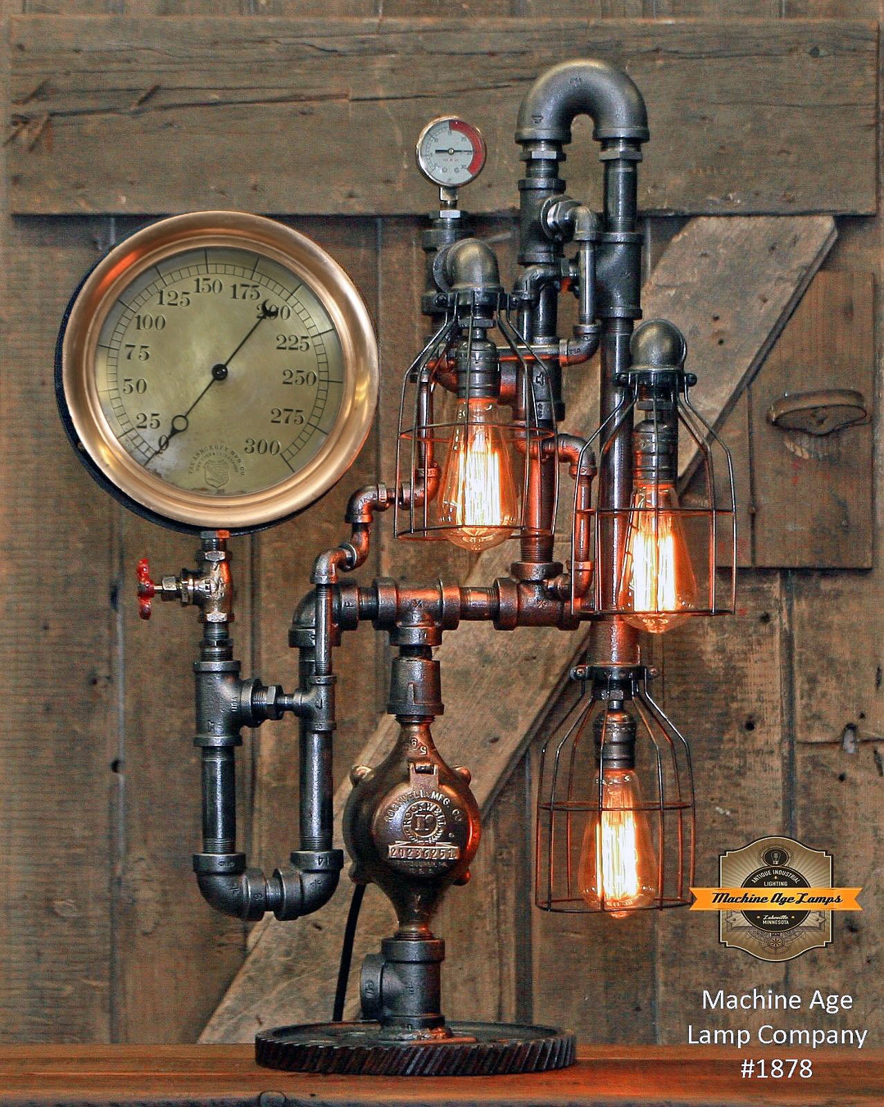 Steampunk Industrial / Antique Steam Gauge / New York / Gear / Ashcroft / Lamp #1878