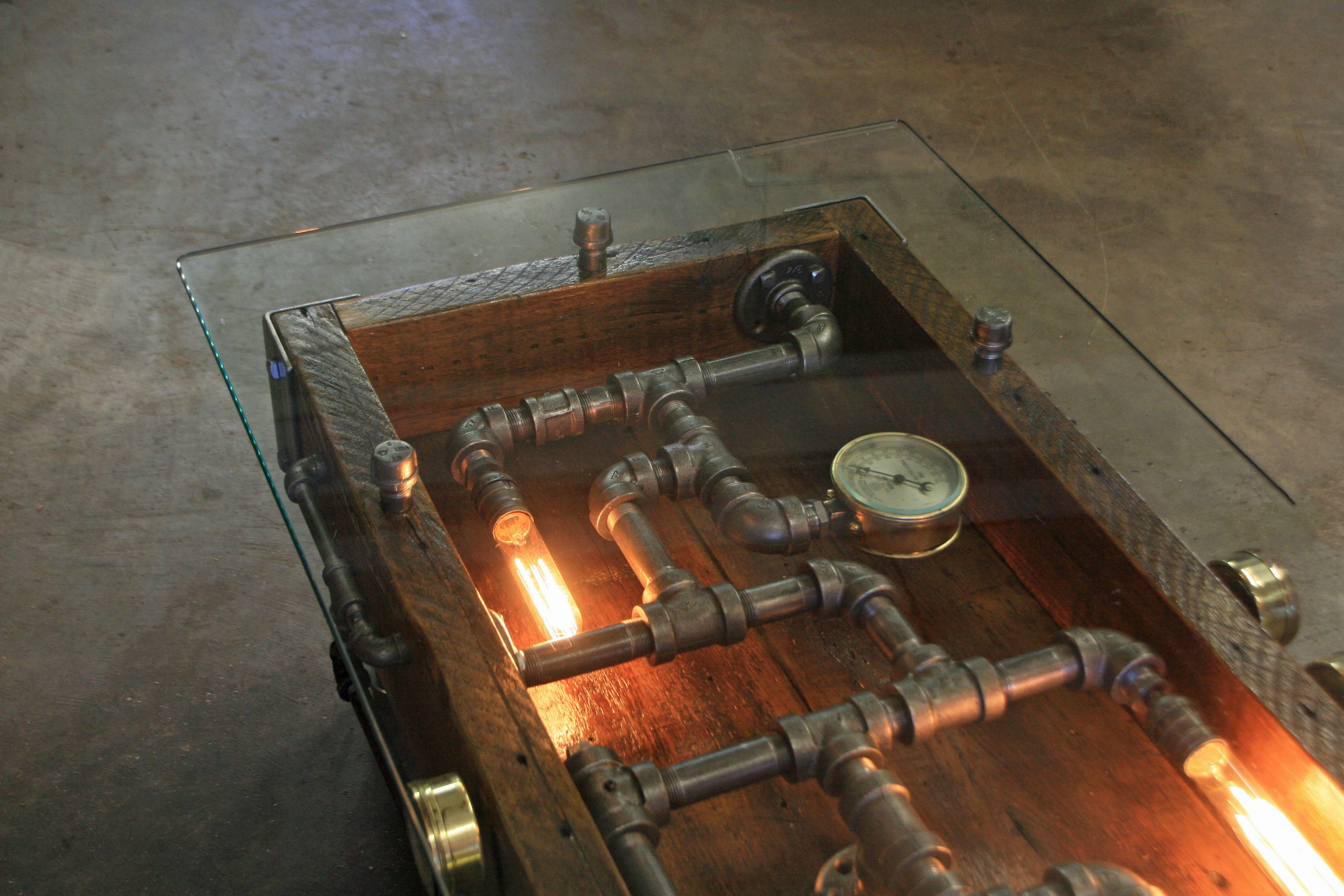 Steampunk Industrial Table / Coffee / Barn Wood / Gauges / Glass / Table #1750