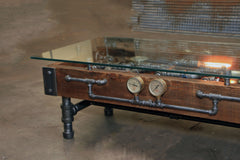 Steampunk Industrial Table / Coffee / Barn Wood / Gauges / Glass / Table #1750