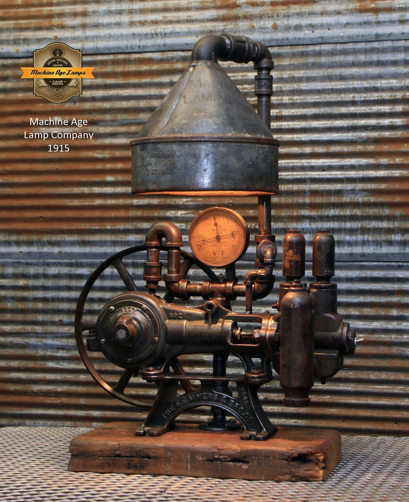 Steampunk Industrial / Antique Water Pump / Barn wood / Steam Gauge / Lamp Light #1915