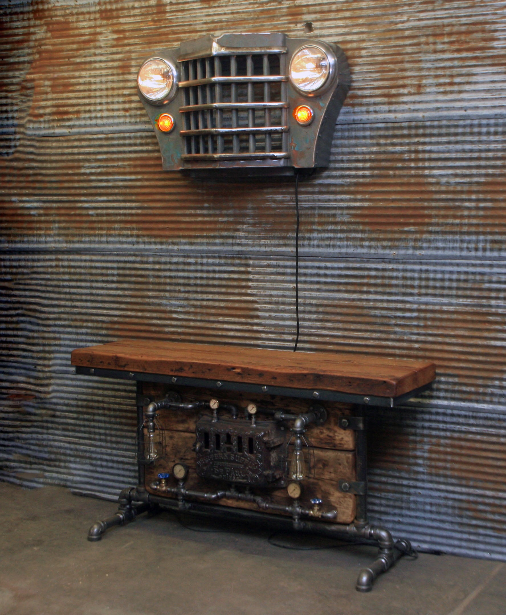 Steampunk Industrial Light / Antique CJ Willys Jeep Grille / Wall Sconce Hanger / Lamp #1914