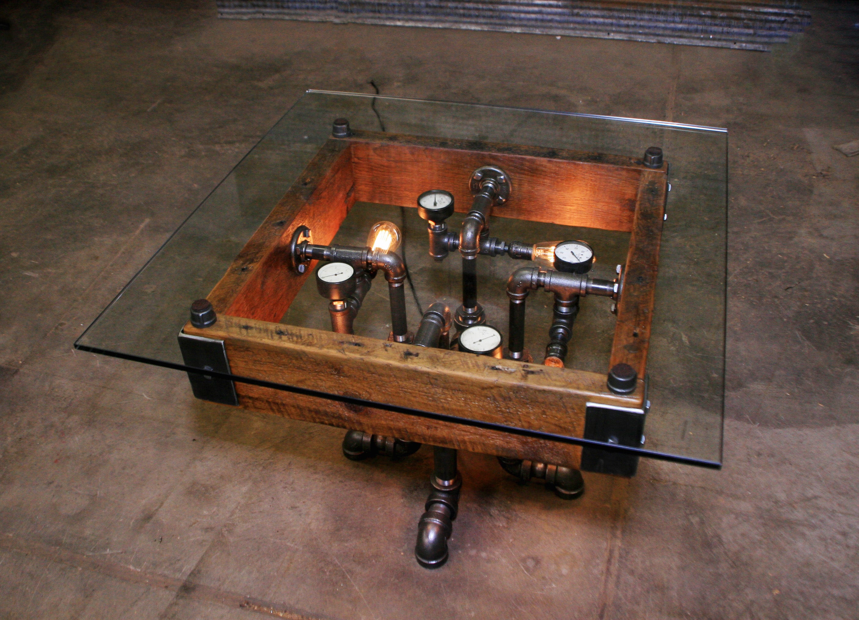 Steampunk Antique Industrial / Coffee Table / Barn Wood / Steam Gauge  #2718