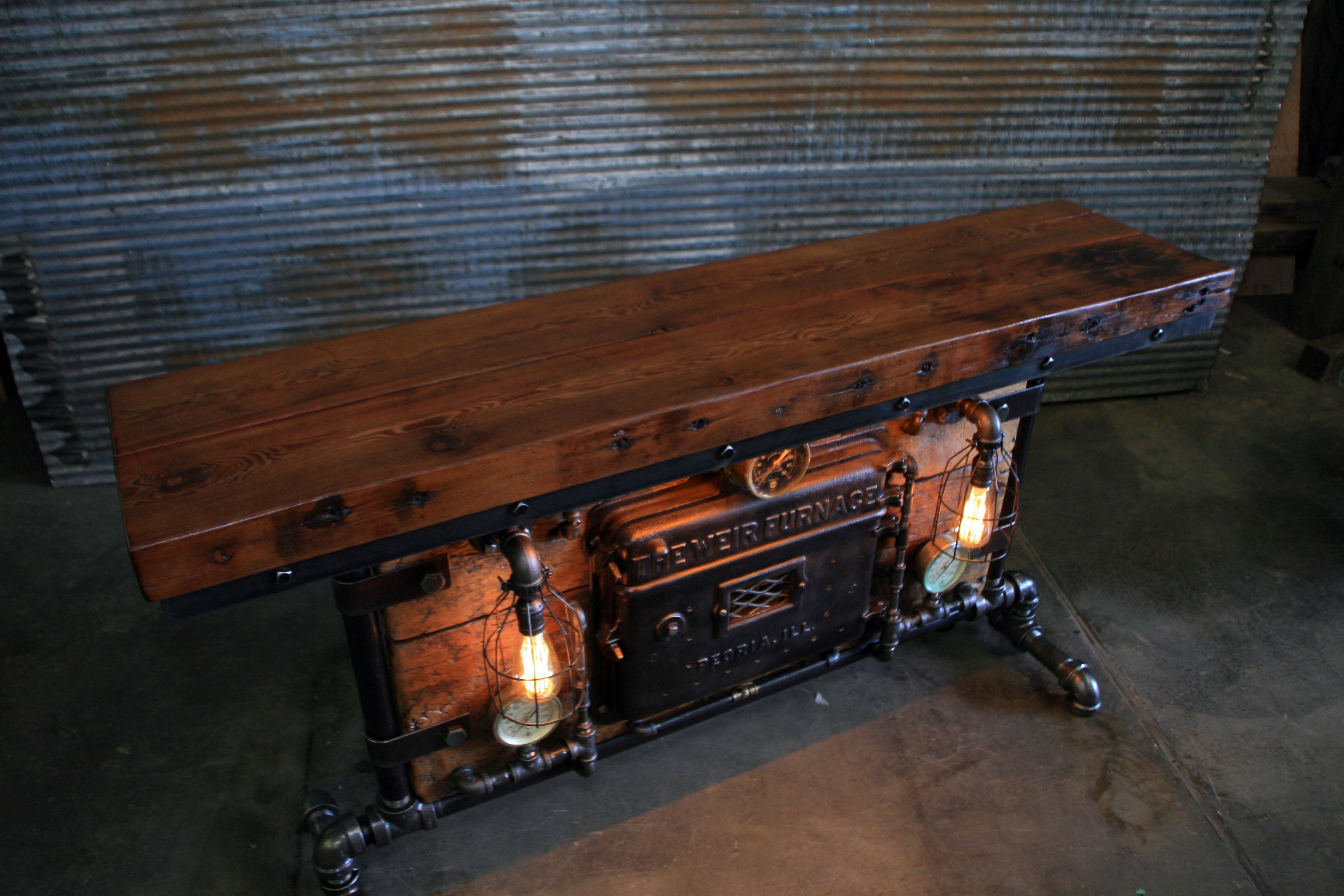 Steampunk Industrial / Antique Boiler Stove Door / Steam Gauge / Barn Wood / table #2495