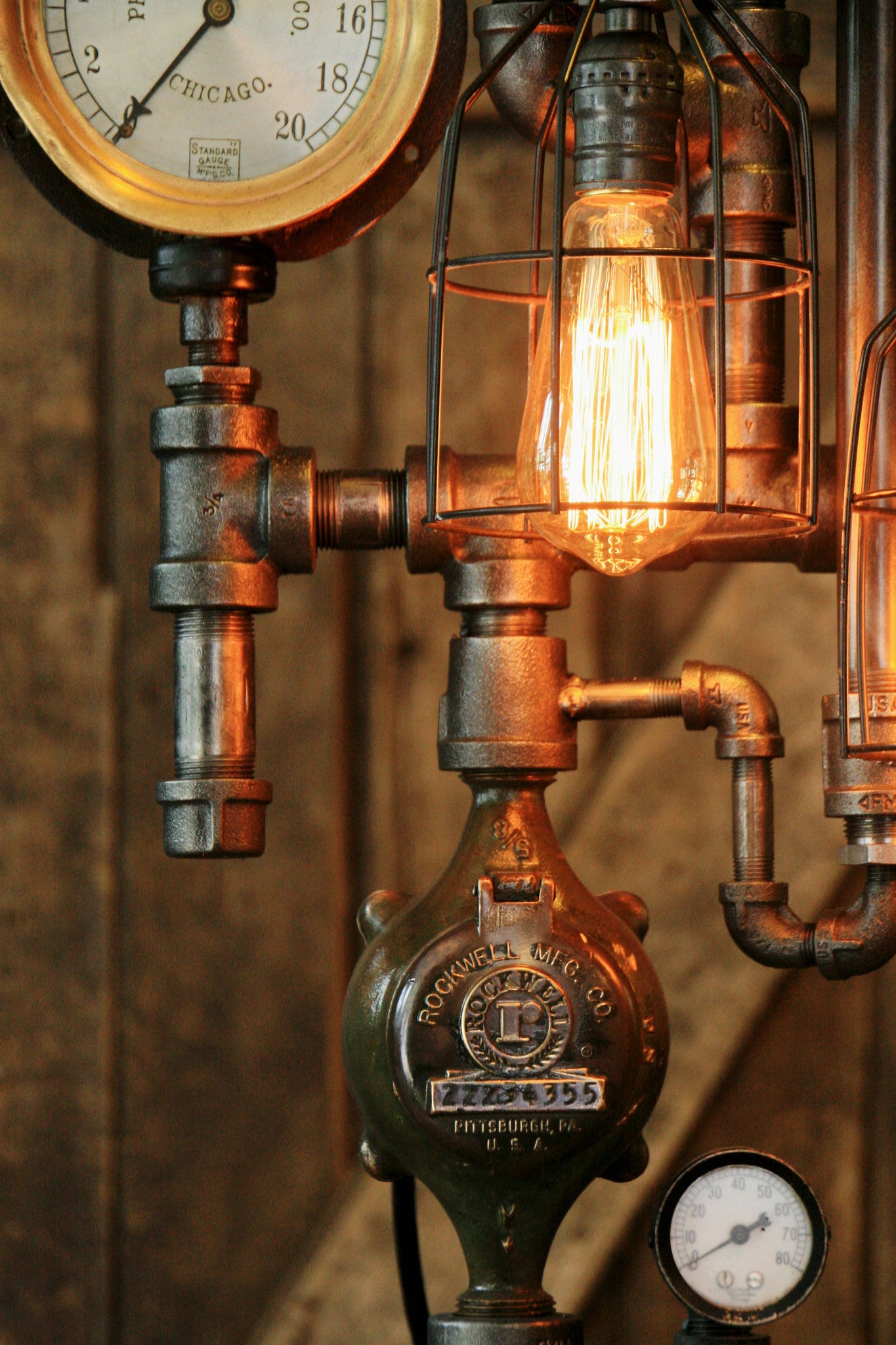 Steampunk Industrial Pipe Lamp, Antique Steam Gauge - #954