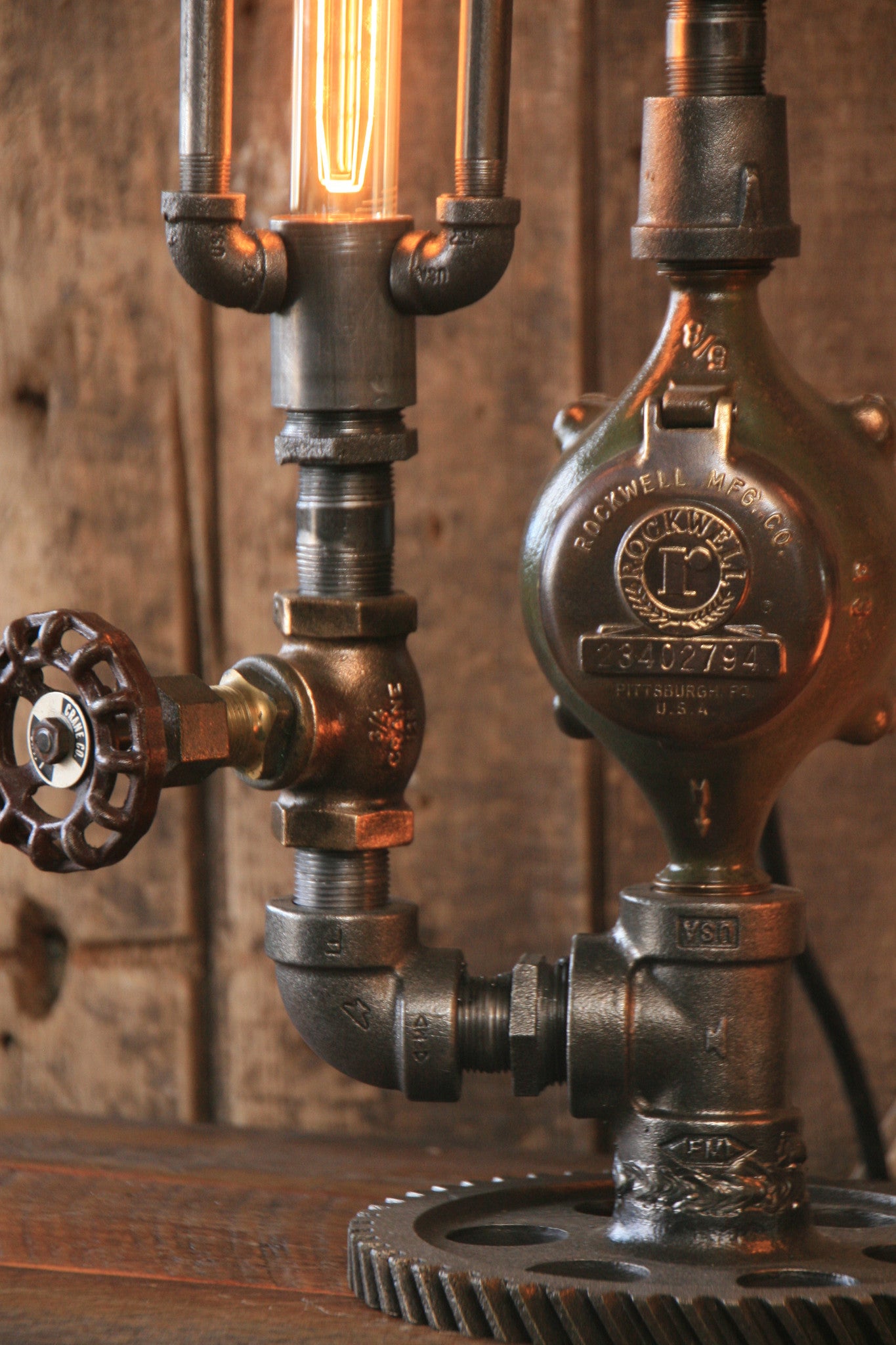 Steampunk Industrial Lamp, Gear and Steam Gauge - #1400