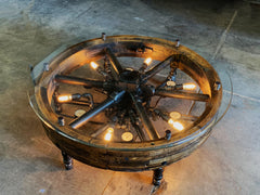 Steampunk Industrial / Antique Flat Belt Pulley Coffe Table / Lighting and Gauges / #2519