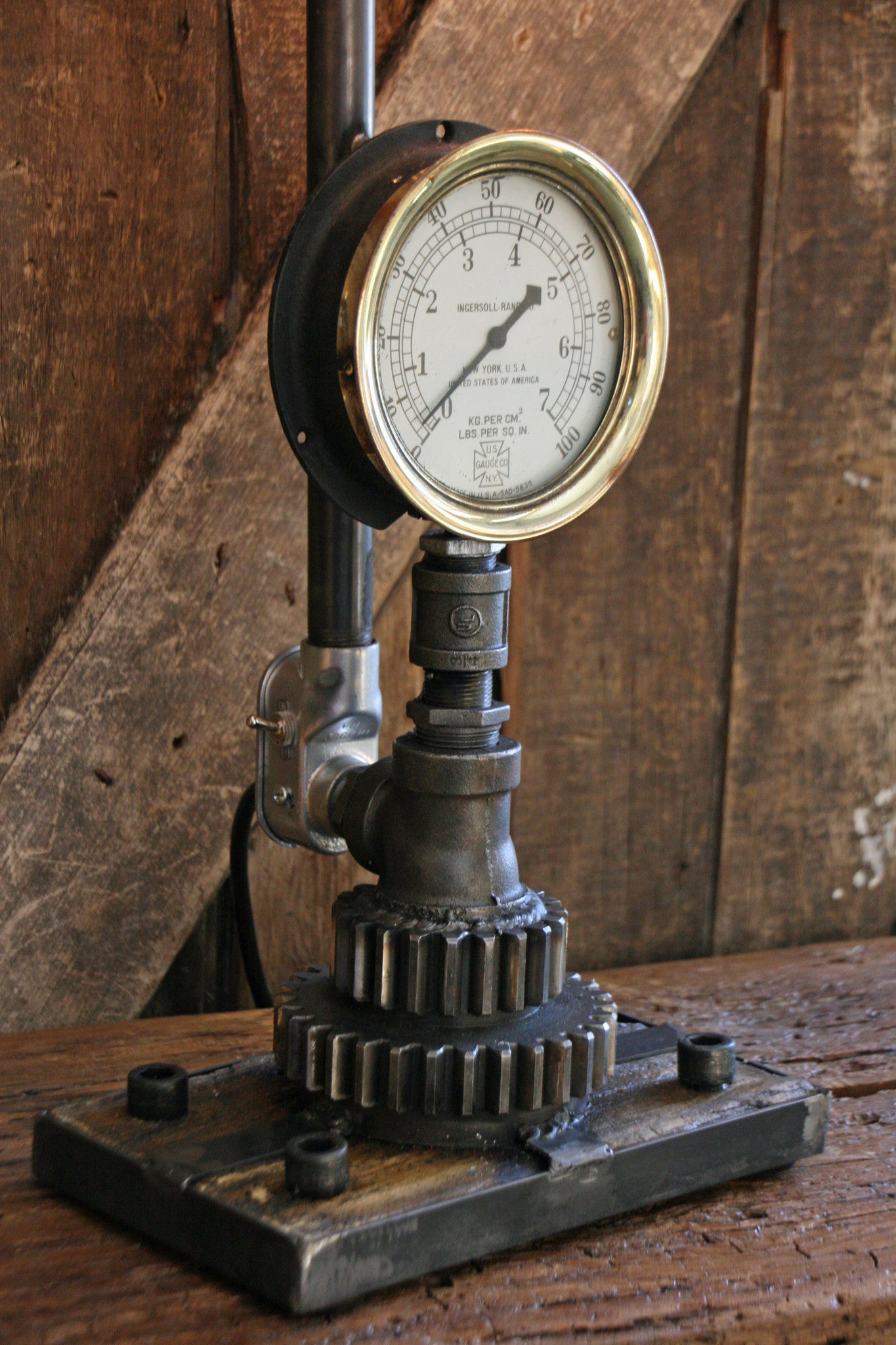 Steampunk Lamp, Antique Barn Wood and Pressure Gauge - #164