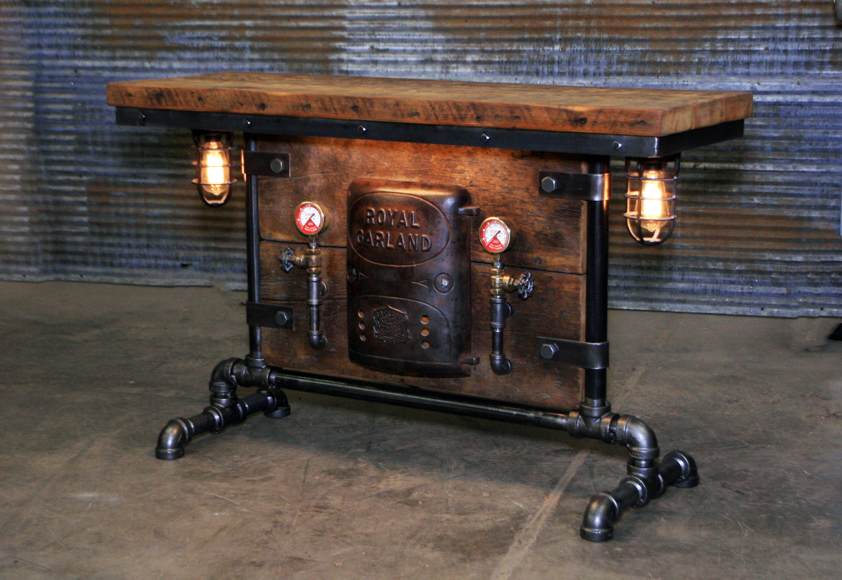 Antique Steampunk Industrial Boiler Door Table Stand, Reclaimed Wood Top - #2719