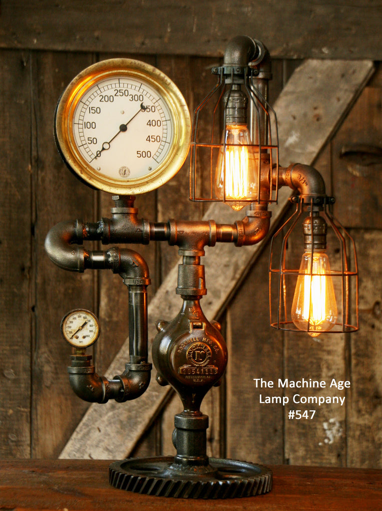Steampunk Lamp, Antique Steam Gauge and Gear Base #547