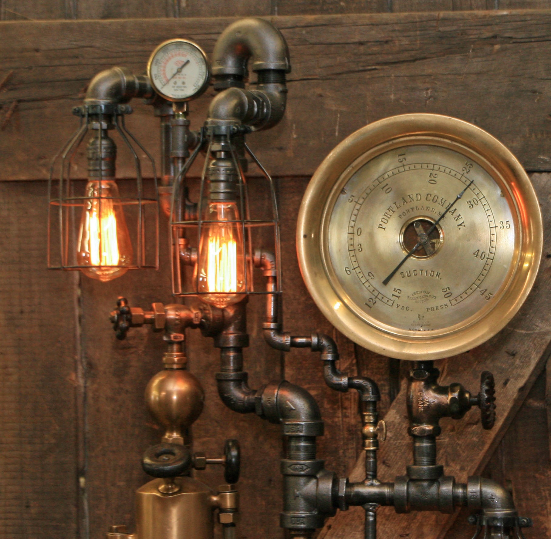 Steampunk Industrial / Antique Steam Gauge and Brass Oiler / Portland ME / Lamp #1824