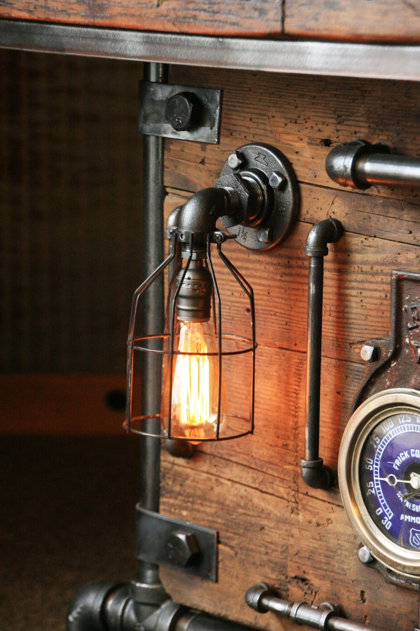 Industrial, Barn wood and Iron Frick Co Steam Gauge Table, Lamp Stand  #823
