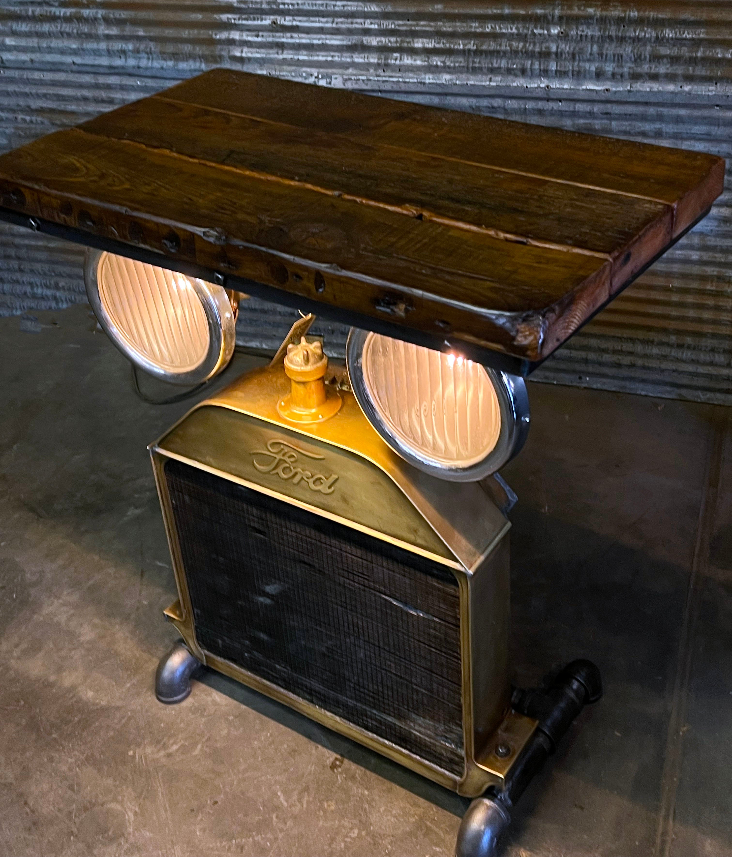 Steampunk Industrial Table / Antique Ford Model T Radiator and Headlamps / Automotive  / Barnwood / Table #3995