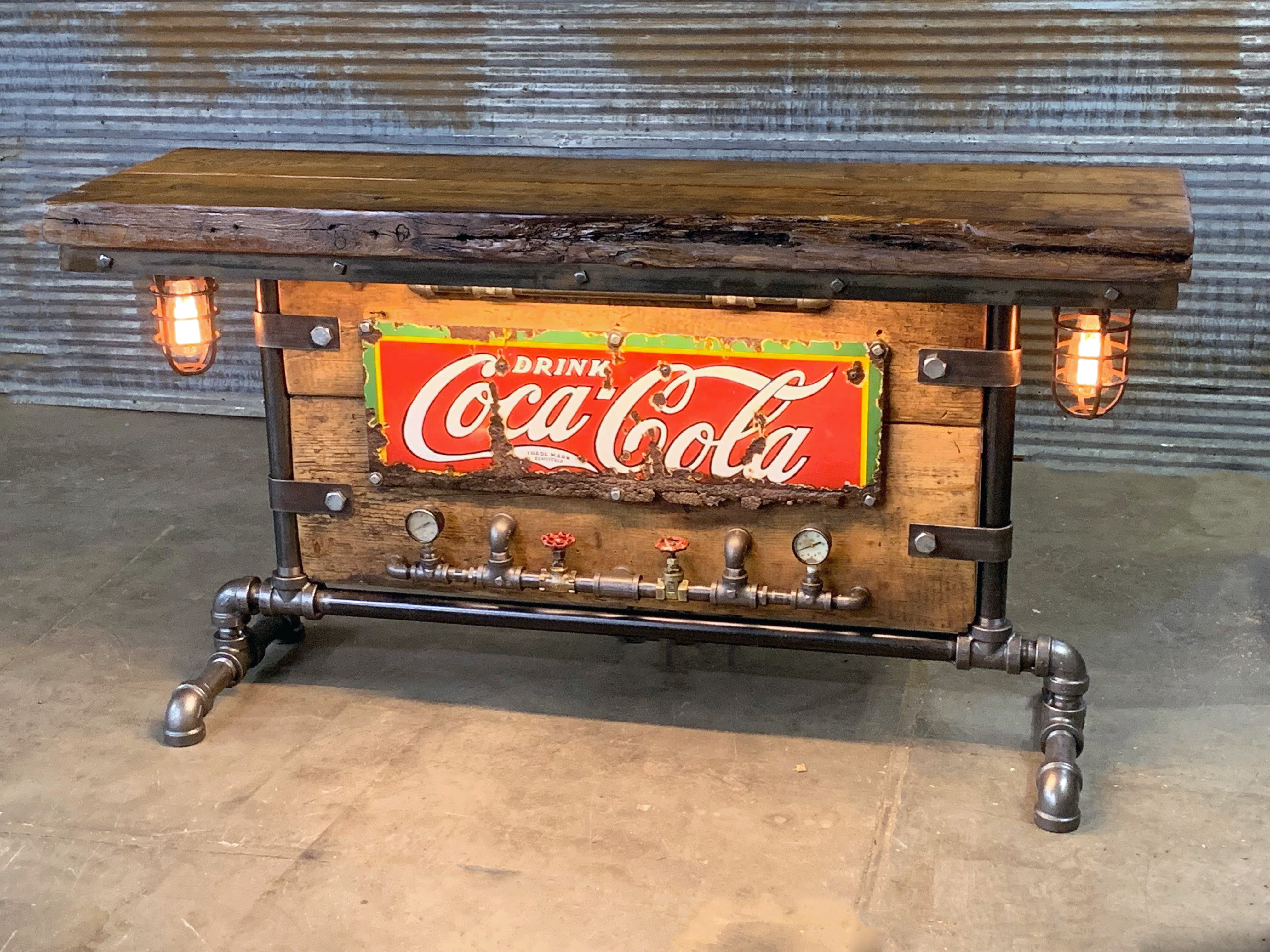 Steampunk Industrial / Antique 1920's Coke Sign / Steam Gauge / Barn Wood / table #2676