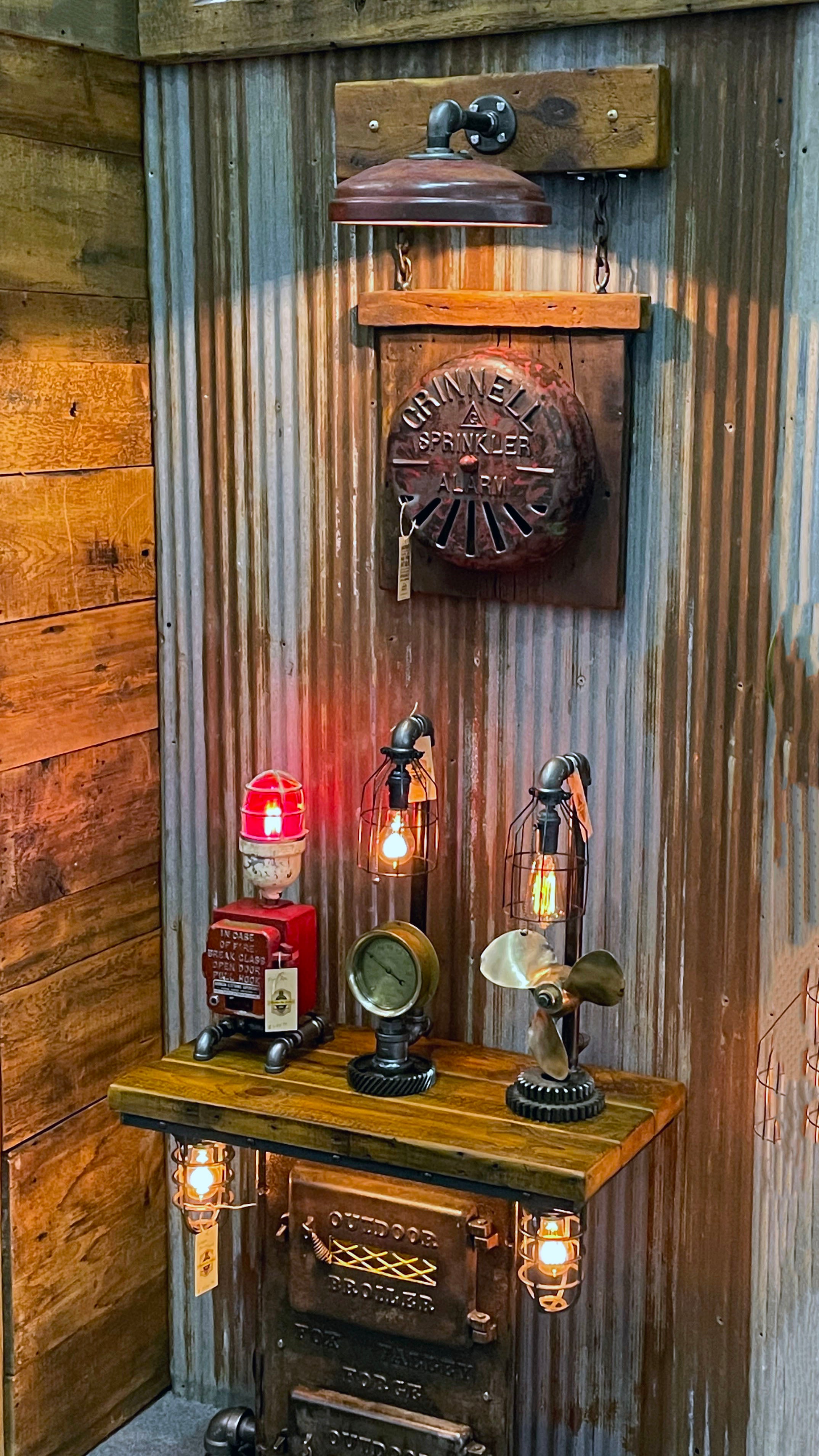 Steampunk Industrial / Grinnell Fire Alarm  / Wall Sconce / Barnwood  / Fireman / Lamp #3306