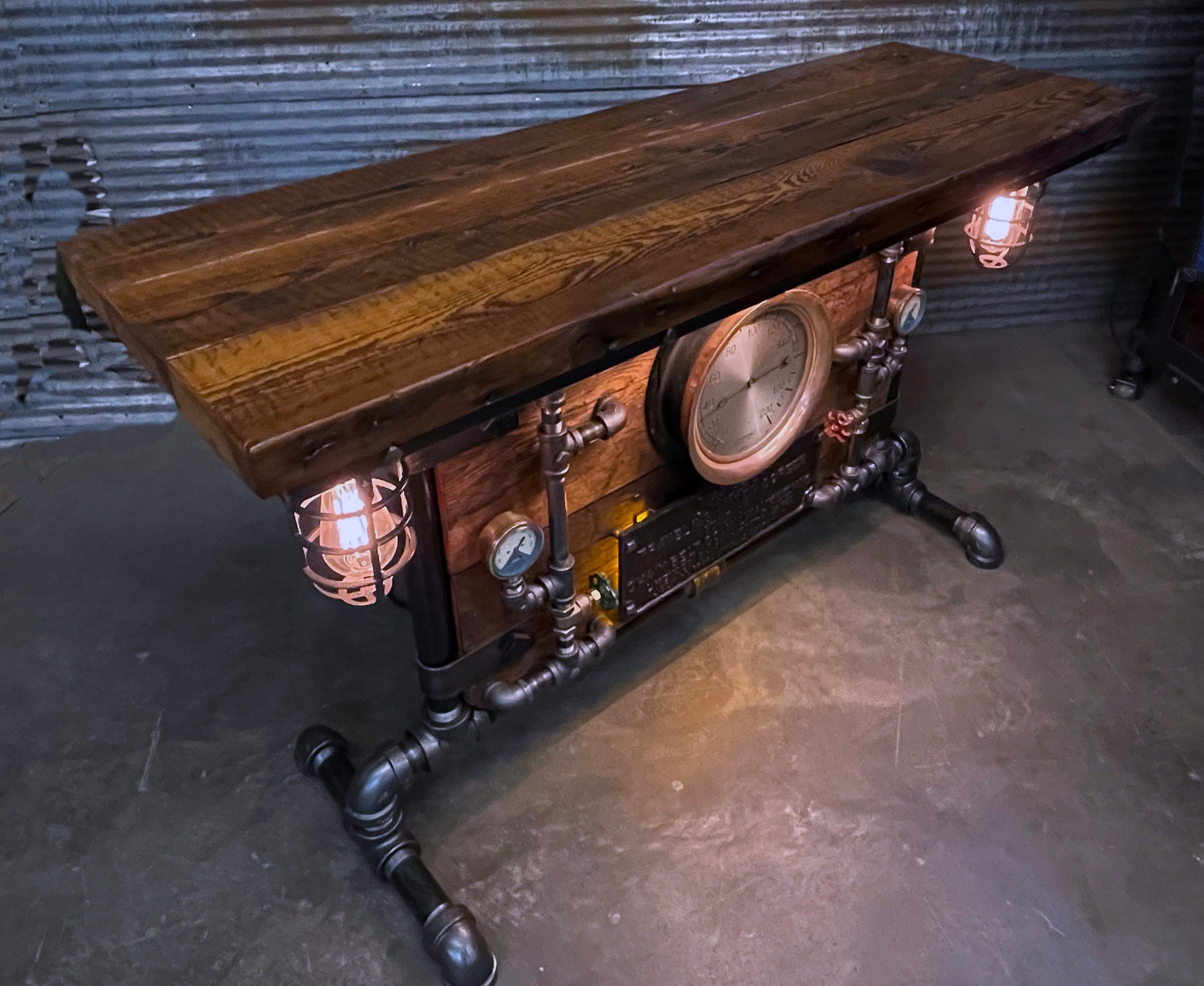 Steampunk Industrial Table / Pub, sofa console / Antique builder Plate Rex / Steam Gauge / Barnwood / Table #3626