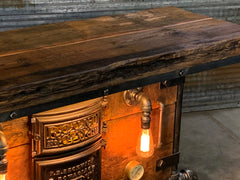 Antique Steampunk Industrial Boiler Door Table Stand / Round Oak / Reclaimed BarnWood Top - #2774
