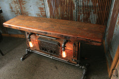 Steampunk Industrial, Lighted Barn wood Furnace Door Table, Console #966