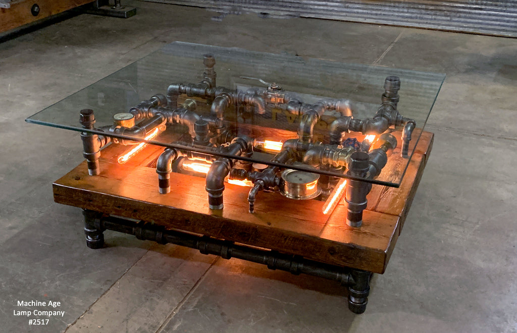 Steampunk Industrial Barnwood Coffee Table / Machine Age Lamps / Steam Gauge Table  #2517