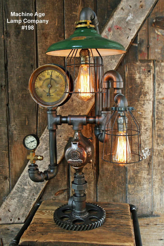 Steampunk Lamp, Steam Gauge and Green Shade #198 - SOLD