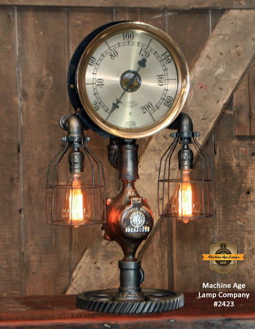 Steampunk Industrial / Antique 10" Steam Gauge / Gear Base / Lamp #2423