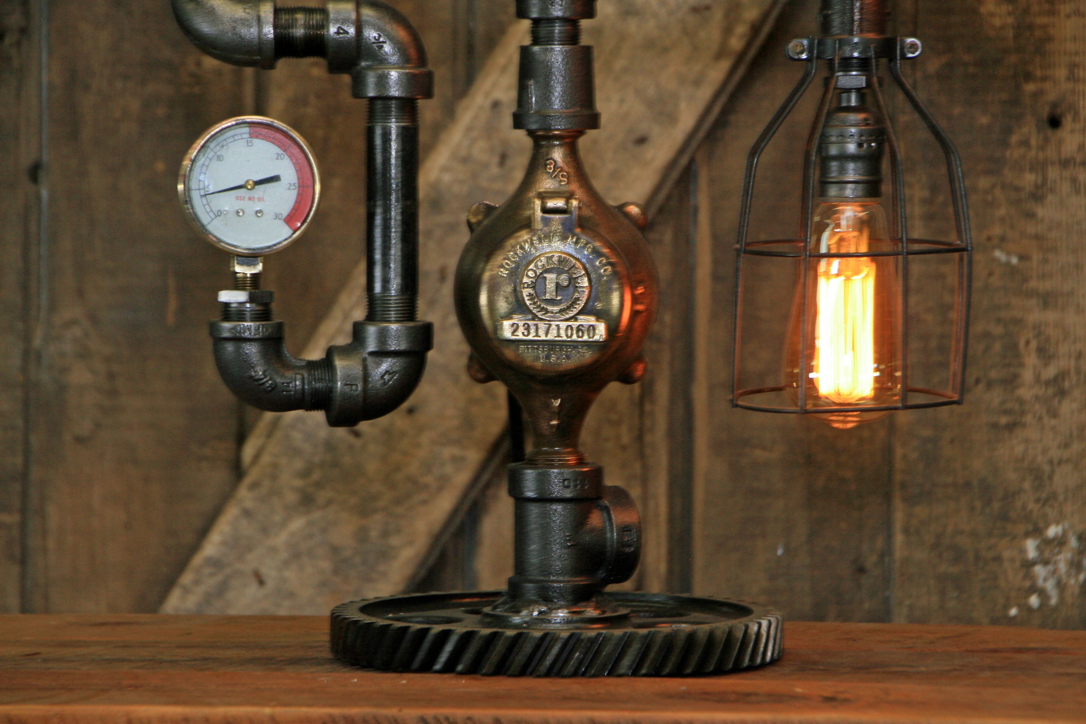 Steampunk Industrial Machine Age Lamp / Steam Gauge / Gear / Nordberg / Wisconson / Lamp #2203