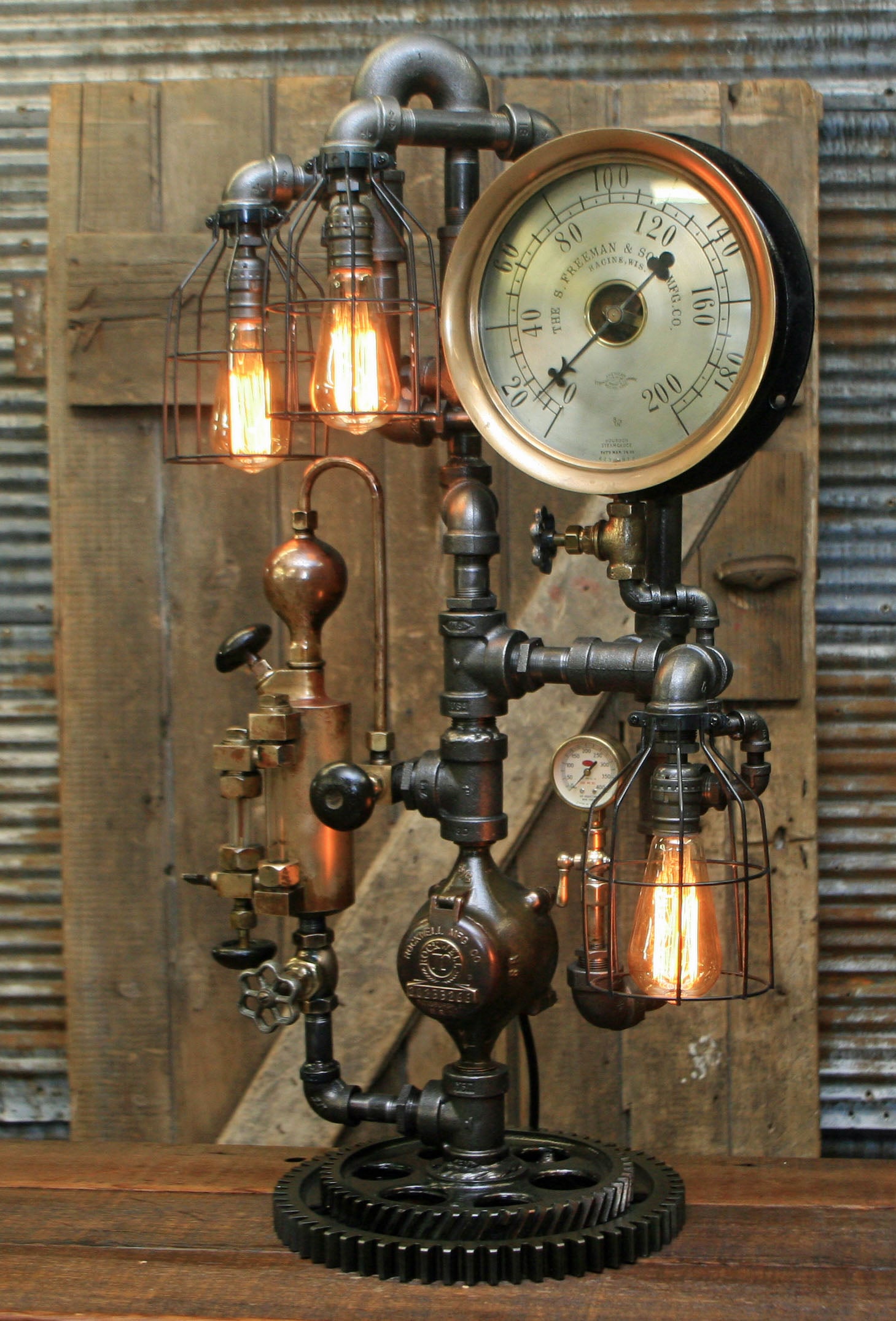 Steampunk Industrial Lamp / Antique Steam Gauge / Brass Oiler / Gear / Racine Wi / Lamp #1755
