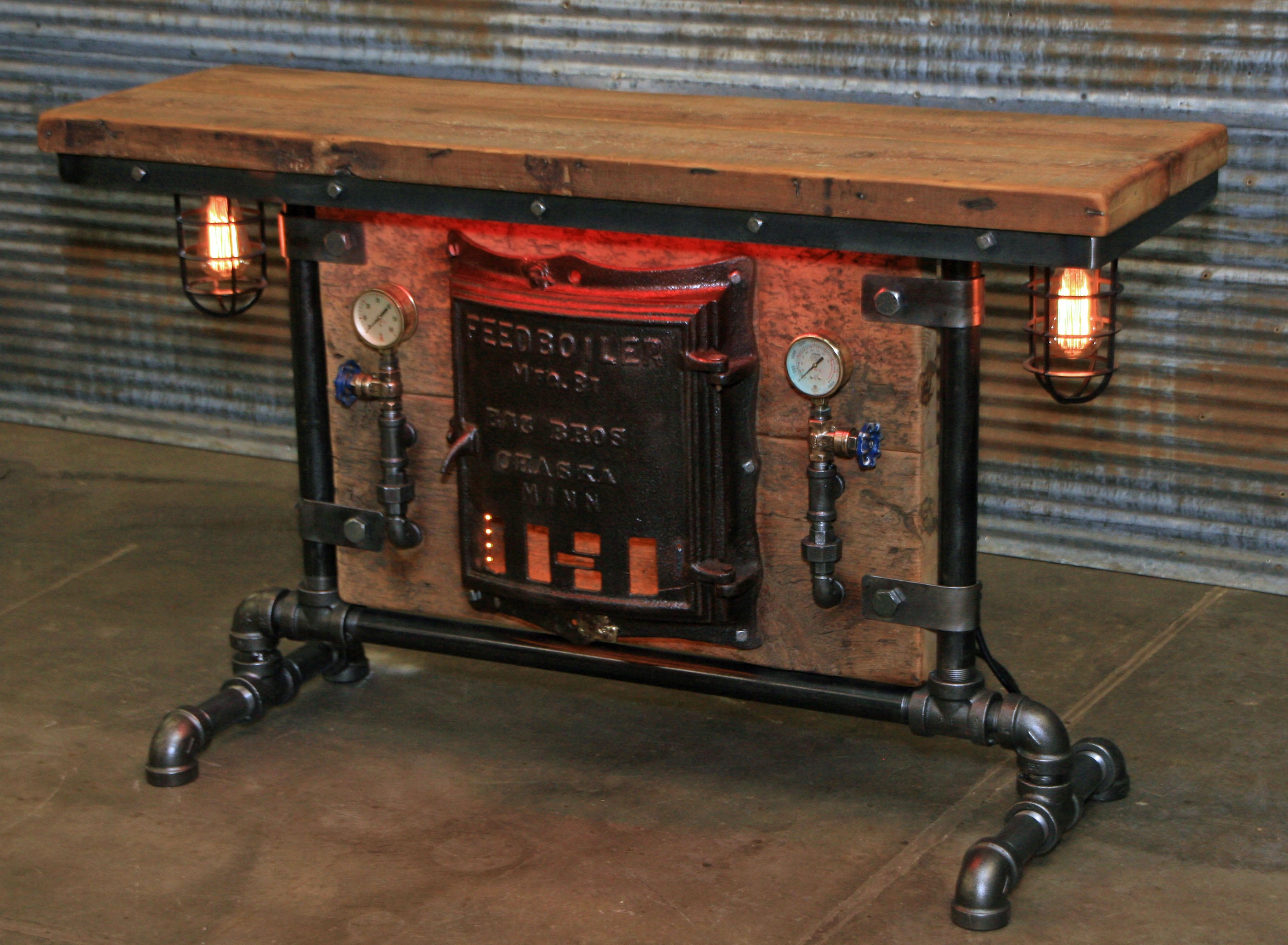 Steampunk Industirial Table / Antique Barn Wood / Furnace Door / Hallway Sofa Table #2056